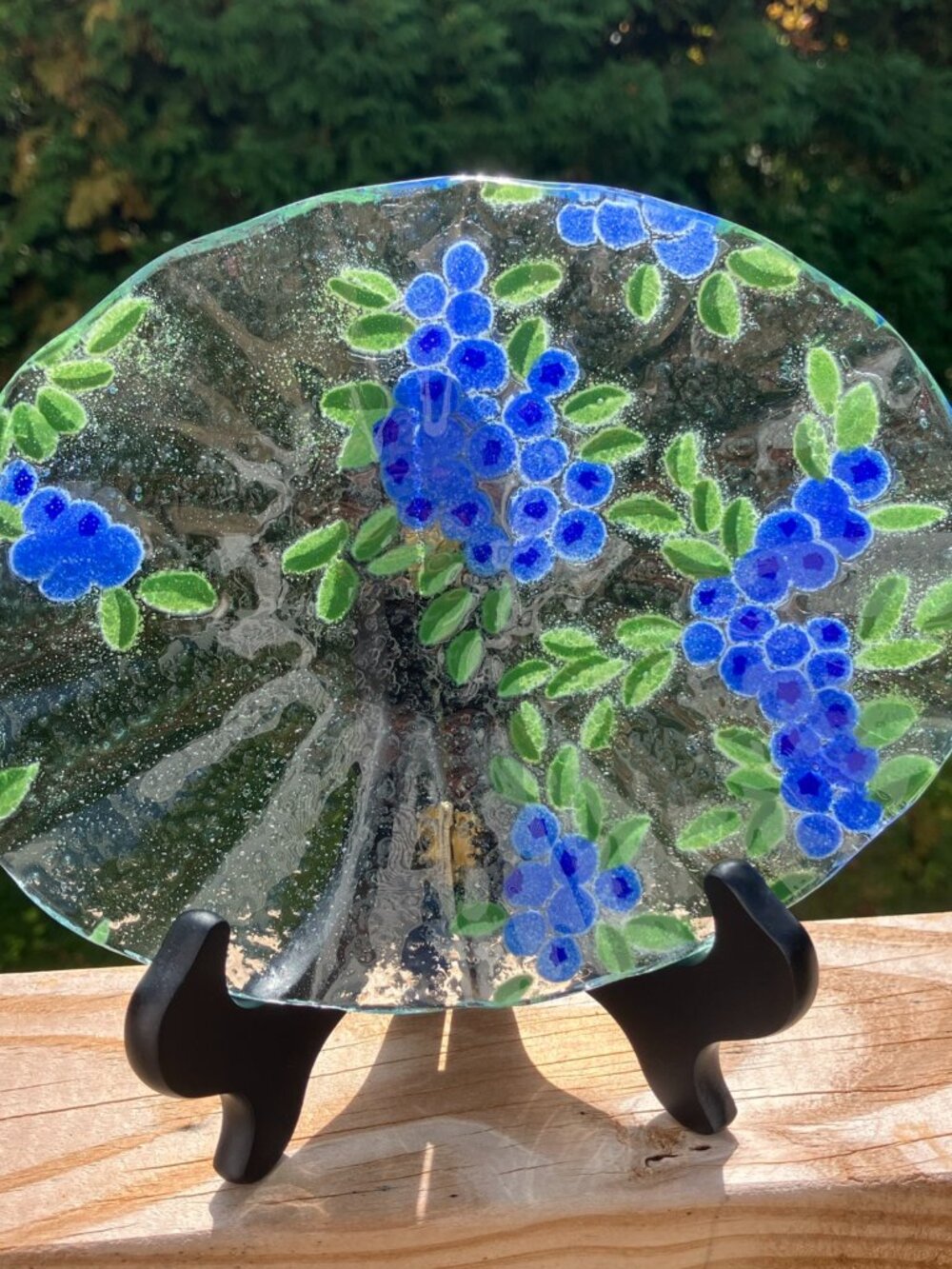 Signed AC Ross Fused Glass Blueberry Berry Fluted Dish Bowl 7 1/8" Vintage